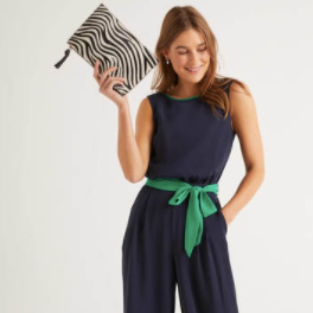 Boden Navy Jumpsuit with Green Tie Waist